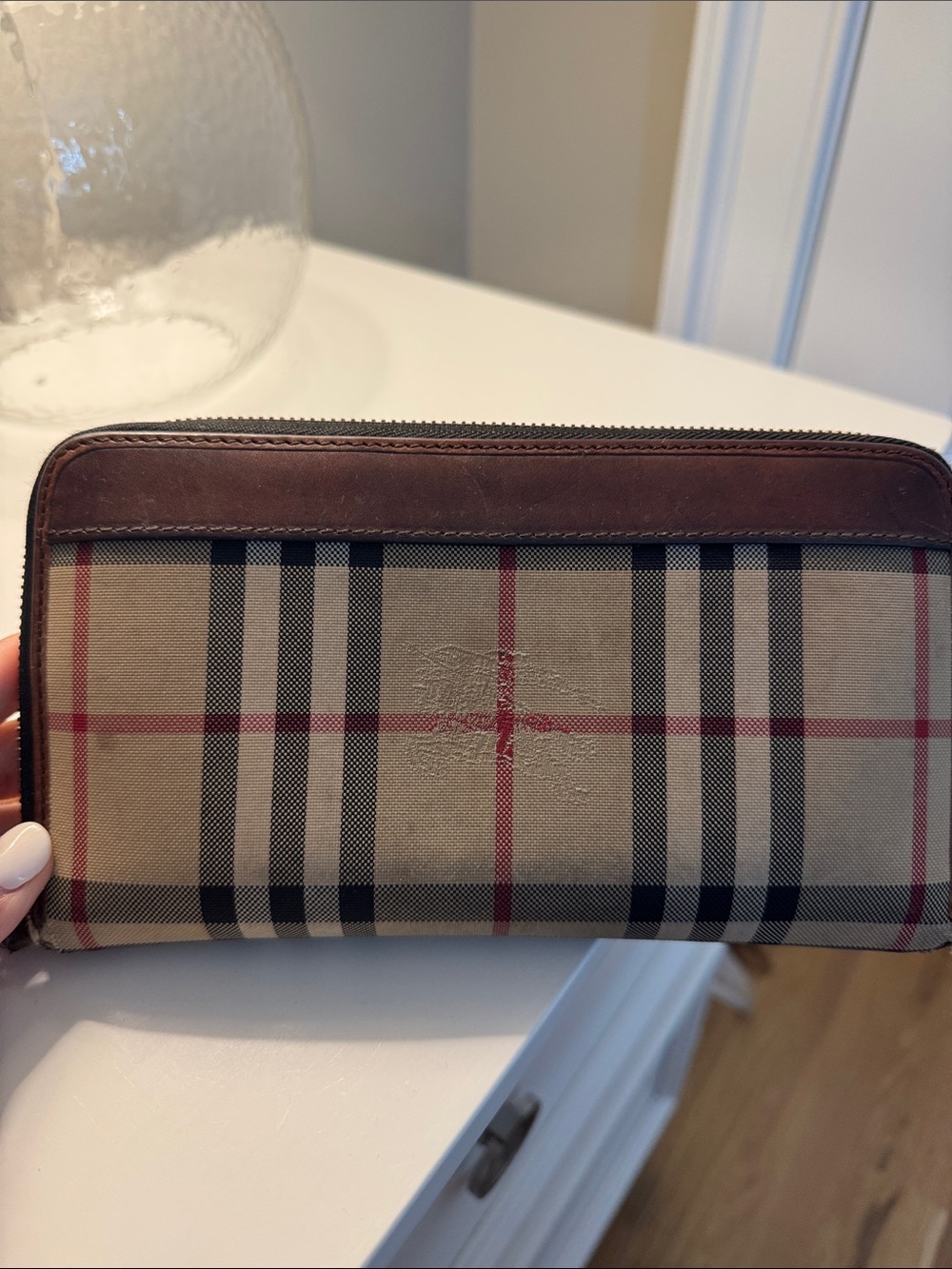 Burberry Beige Plaid Zip Wallet with Brown Trim and Red Accents